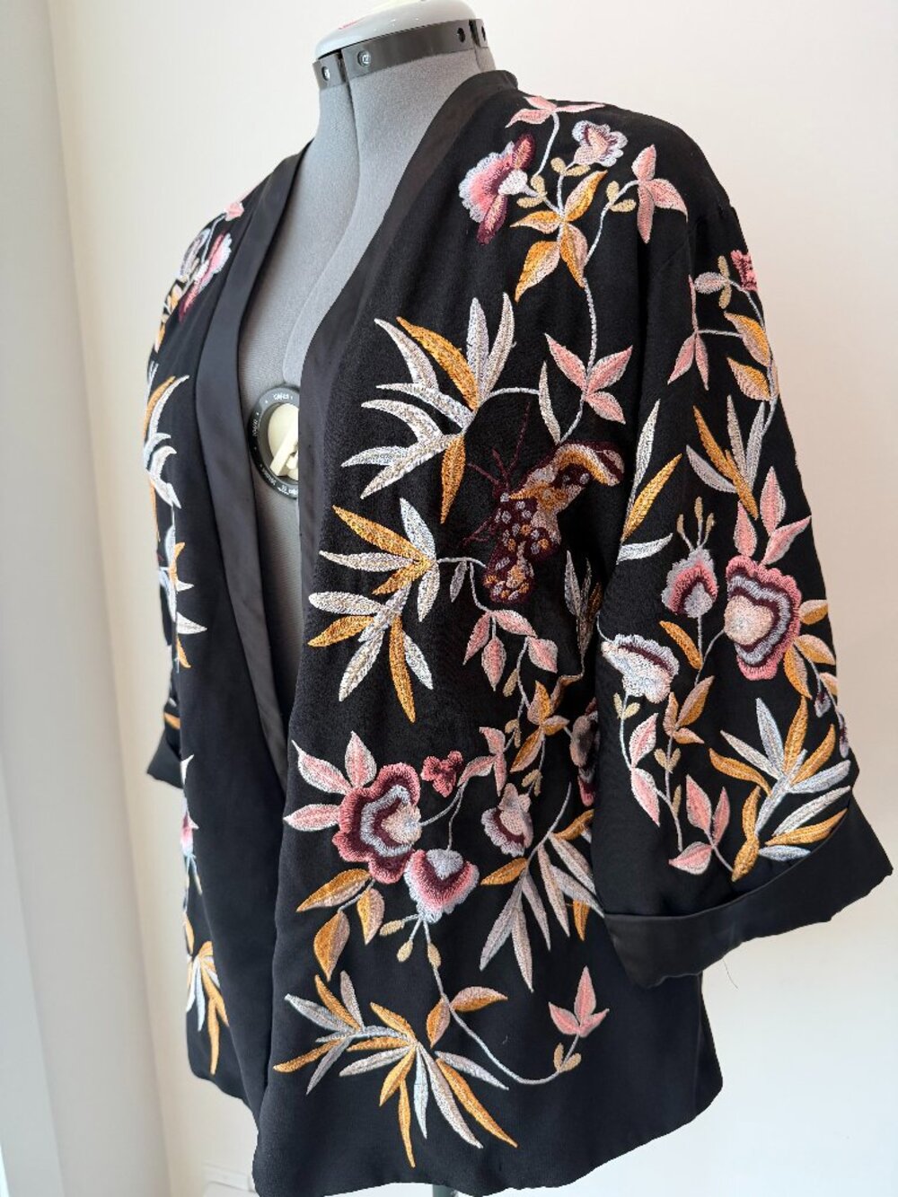 Zara Embroidered Silky Open-Front Jacket with Waist Tie